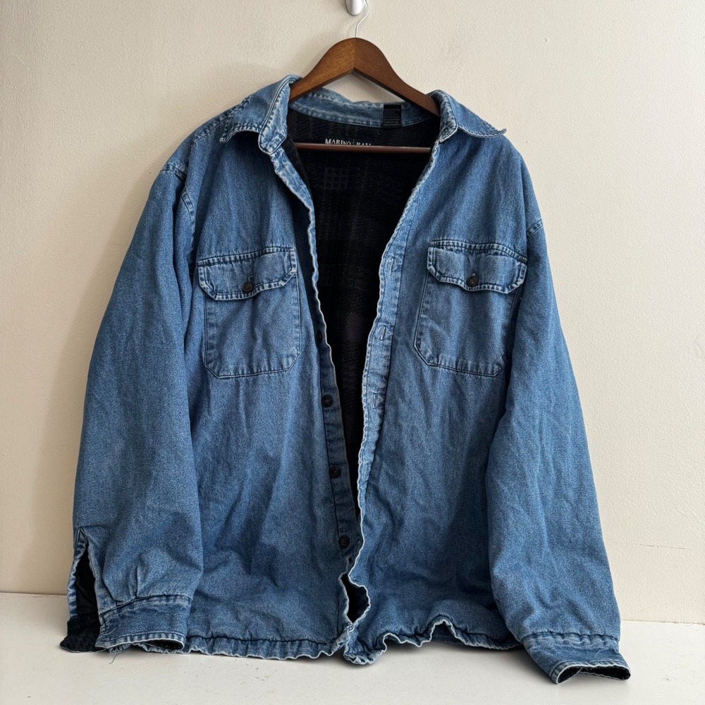 VTG Marino Bay Women's LT Cotton Blue Denim Shirt Jacket Plaid Fleece Lined Fall